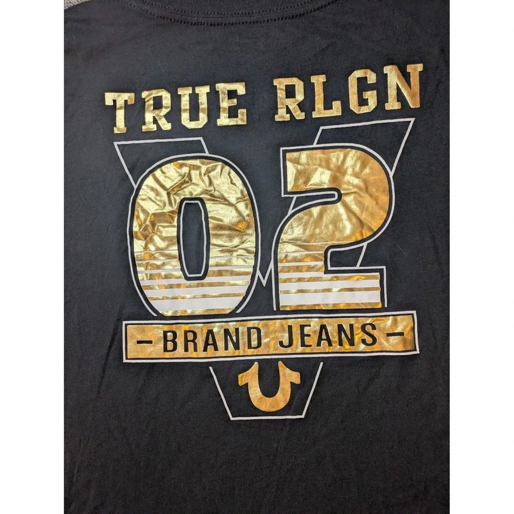 True Religion 02 Brand‎ Jeans Gold Black V-Neck T Shirt Women's LARGE L Top